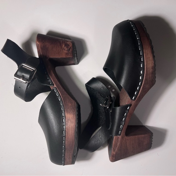 Lotta From Stockholm Black Leather Closed Toe Heel Clog Ankle Strap Dark Wood 37 - Picture 4 of 8